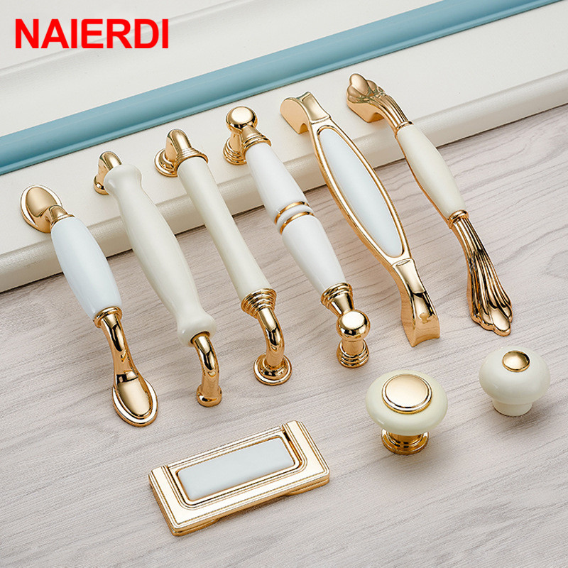 Drawer Pull Gold - NAIERDI Gold White Creamic Cabinet Handles